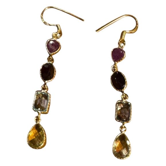 Elegant Sterling Silver gold plated Multi-Stone Drop Earrings - Picture 1 of 7